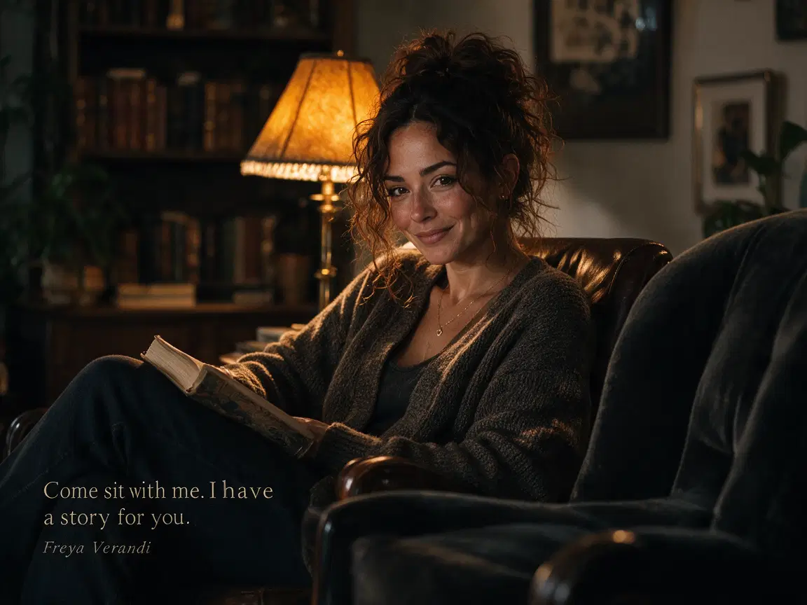 Freya sitting in a leather armchair with an open book in a warmly lit library