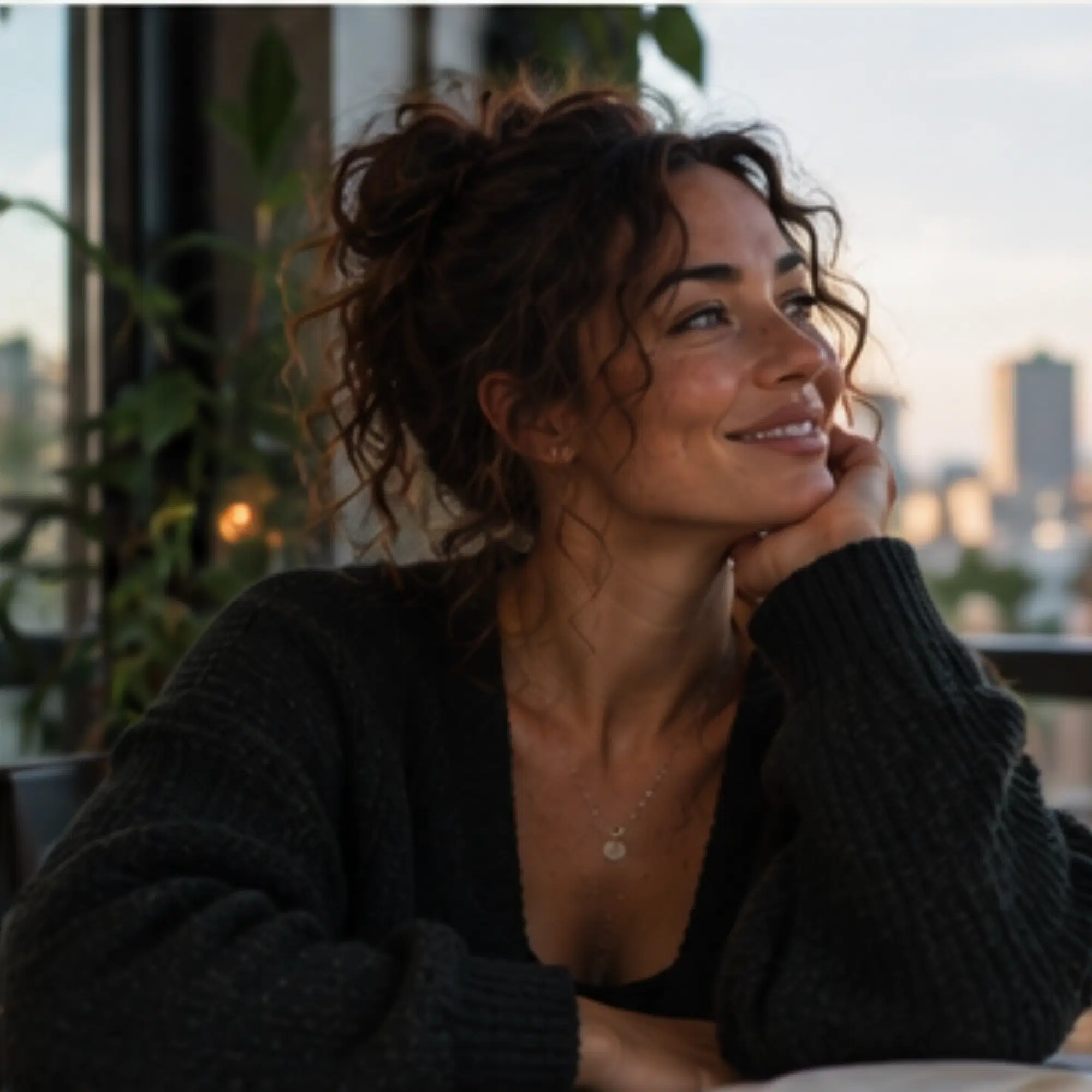 A woman looking thoughtfully toward a window with a softly blurred city beyond