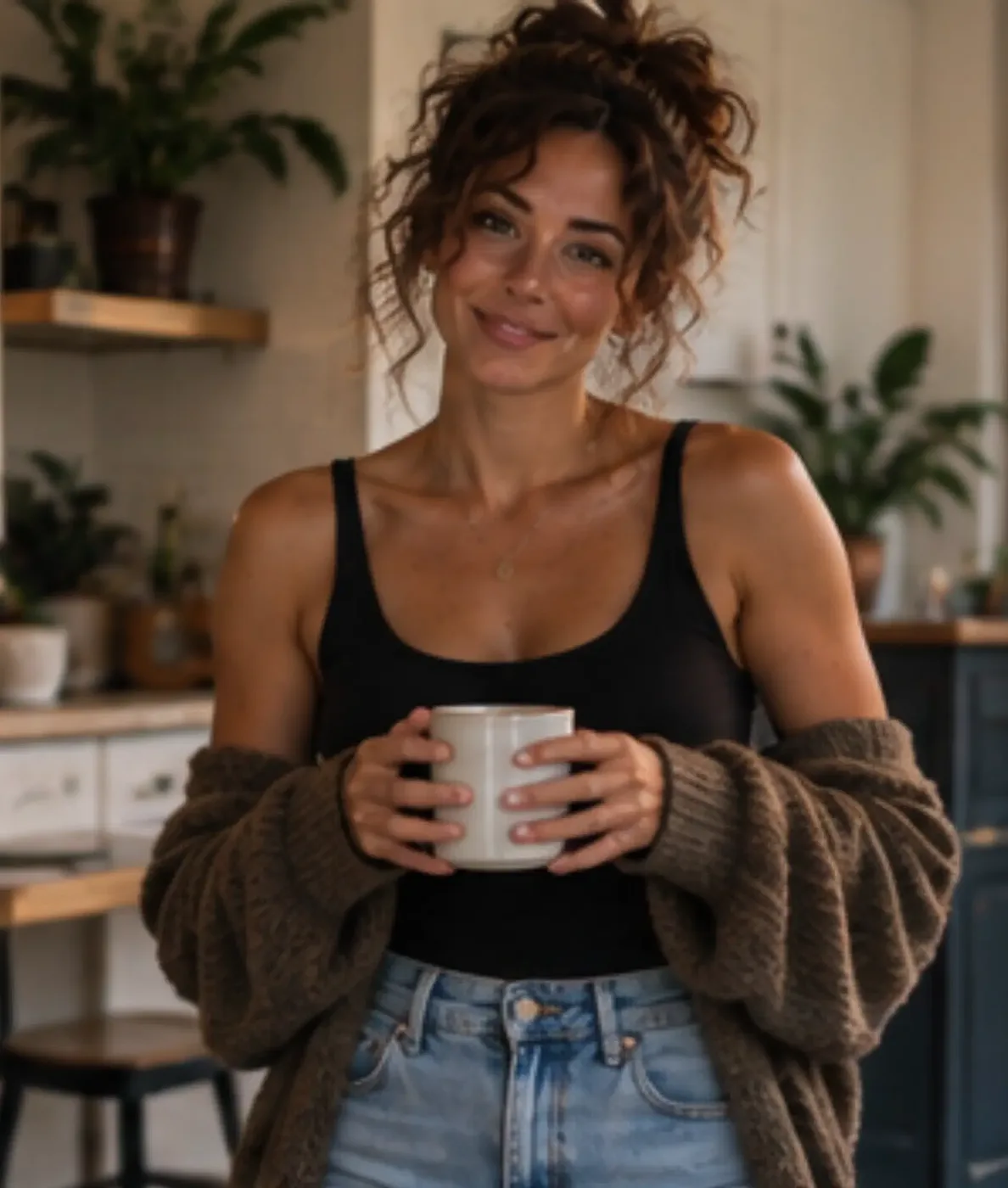Freya smiling at the camera in a cozy kitchen while holding a warm mug, wearing a cable-knit cardigan